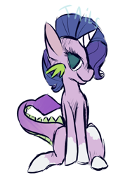 Size: 323x454 | Tagged: safe, artist:explicitlydone, derpibooru import, oc, oc:rhinestone, dracony, hybrid, unicorn, coat markings, female, filly, interspecies offspring, offspring, parent:rarity, parent:spike, parents:sparity, simple background, socks (coat marking), solo, white background