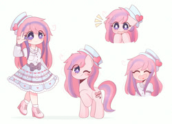 Size: 1961x1418 | Tagged: safe, artist:franshushu, derpibooru import, oc, oc only, oc:sweet haze, earth pony, human, pony, anime style, blush sticker, blushing, clothes, commission, cute, dress, eye clipping through hair, eyes closed, female, hat, humanized, looking at you, mare, one eye closed, open mouth, raised hoof, raised leg, simple background, smiling, smiling at you, solo, surprised, white background, wink, winking at you