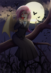 Size: 959x1362 | Tagged: safe, artist:toxiccolour, derpibooru import, fluttershy, bat, human, undead, vampire, apple, boots, clothes, dress, ear piercing, earring, elf ears, eyeshadow, fangs, female, fluttergoth, food, full moon, humanized, jewelry, lipstick, makeup, moon, nail polish, night, piercing, shoes, solo, tree, winged humanization, wings