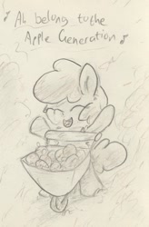 Size: 594x904 | Tagged: safe, artist:slightlyshade, derpibooru import, apple bloom, earth pony, pony, apple, cart, female, filly, food, singing, sketch, solo, text, traditional art