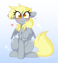 Size: 1893x2048 | Tagged: safe, artist:tinykiru, derpibooru import, derpy hooves, pegasus, pony, :3, blushing, chest fluff, cute, derpabetes, ear fluff, ears, female, heart, heart eyes, leg fluff, mare, ponytober, sitting, solo, wingding eyes