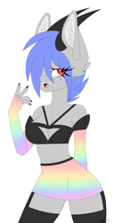 Size: 1542x3000 | Tagged: safe, artist:melodytheartpony, derpibooru import, oc, oc:melody silver, anthro, dracony, dragon, hybrid, art challange, boob window, clothes, cute, detached sleeves, dressuptober, dressuptober 2021, fangs, female, holographic, holographic clothing, horns, pastel, pastel rainbow, rainbow, sexy, skirts, socks, stockings, thigh highs