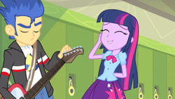 Size: 3410x1920 | Tagged: safe, derpibooru import, screencap, flash sentry, twilight sparkle, equestria girls, rainbow rocks, clothes, cute, cutie mark, cutie mark on clothes, eyes closed, female, high res, lockers, male, smiling, twiabetes