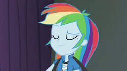 Size: 3410x1920 | Tagged: safe, derpibooru import, screencap, rainbow dash, equestria girls, rainbow rocks, clothes, cutie mark, cutie mark on clothes, eyes closed, female, high res, smiling, solo