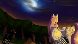 Size: 3111x1750 | Tagged: safe, artist:mixdaponies, derpibooru import, princess celestia, oc, oc:queen xanoths, alicorn, audio drama, cloud, duo, forest, moon, night, night sky, sky