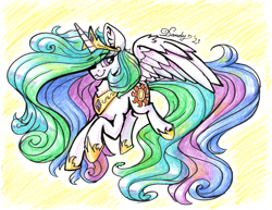 Size: 3300x2550 | Tagged: safe, artist:dandy, derpibooru import, princess celestia, alicorn, pony, colored pencil drawing, female, hair over one eye, high res, jewelry, looking at you, mare, ponytober, regalia, solo, traditional art