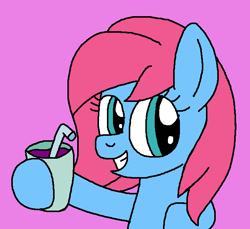 Size: 664x609 | Tagged: safe, artist:brobbol, derpibooru import, baby cuddles, earth pony, pony, fanfic:drunken cuddles, g1, g4, baby, baby pony, beverage, cuddlebetes, cup, cute, drink, female, filly, g1 to g4, generation leap, grin, juice, like a boss, pink background, prune juice, sage, simple background, smiling, straw, surprise tales