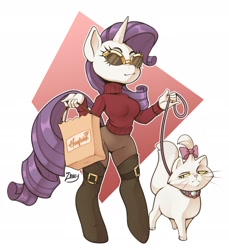 Size: 2504x2732 | Tagged: safe, artist:zoketchi, derpibooru import, opalescence, rarity, anthro, cat, unguligrade anthro, unicorn, bag, boots, clothes, female, knee-high boots, leash, mare, pants, paper bag, shoes, signature, simple background, smiling, solo, sunglasses, sweater