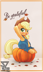 Size: 1298x2174 | Tagged: safe, artist:theretroart88, derpibooru import, applejack, earth pony, pony, clothes, cute, jackabetes, leaves, open mouth, pumpkin, solo