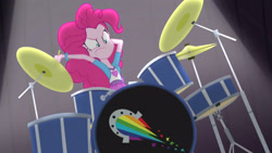 Size: 3410x1920 | Tagged: safe, derpibooru import, screencap, pinkie pie, equestria girls, rainbow rocks, awesome as i want to be, drum kit, drums, drumsticks, female, high res, musical instrument, solo