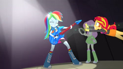 Size: 3410x1920 | Tagged: safe, derpibooru import, screencap, fluttershy, rainbow dash, sunset shimmer, equestria girls, rainbow rocks, awesome as i want to be, bass guitar, boots, clothes, cutie mark, cutie mark on clothes, eyes closed, female, grin, hairpin, high res, musical instrument, shoes, smiling, tambourine