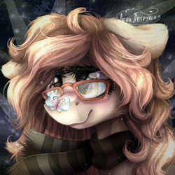 Size: 1000x1000 | Tagged: safe, artist:lenapetrushka, derpibooru import, oc, oc only, butterfly, earth pony, pony, bust, clothes, eyelashes, female, mare, scarf, signature, smiling, solo