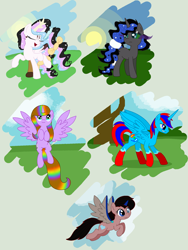 Size: 1636x2180 | Tagged: safe, artist:bookwormpony, derpibooru import, oc, oc only, alicorn, pegasus, pony, alicorn oc, clothes, ethereal mane, eyes closed, female, flying, horn, male, mare, multicolored hair, pegasus oc, rainbow hair, socks, stallion, starry mane, wings