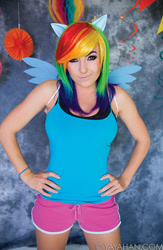 Size: 586x900 | Tagged: safe, artist:purplepluminc, derpibooru import, rainbow dash, human, 2015, clothes, cosplay, costume, hand on hip, irl, irl human, jessica nigri, photo, shorts, sleeveless, tanktop