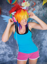 Size: 620x850 | Tagged: safe, artist:purplepluminc, derpibooru import, rainbow dash, human, 2015, clothes, cosplay, costume, headphones, irl, irl human, jessica nigri, photo, shorts, sleeveless, tanktop