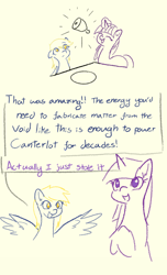 Size: 2238x3674 | Tagged: safe, artist:manicpanda, derpibooru import, derpy hooves, twilight sparkle, unicorn twilight, pegasus, unicorn, comic, crime, criminal scum, dialogue, dialogue box, implied ponies eating meat, magic, magic abuse, no pupils, open mouth, spread wings, stealing, talking, underp, wings