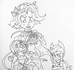 Size: 921x868 | Tagged: safe, artist:gojira1604shinomura, derpibooru import, applejack, rarity, vignette valencia, human, better together, equestria girls, rollercoaster of friendship, superhero, traditional art