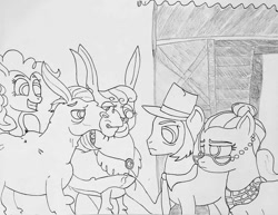 Size: 960x740 | Tagged: safe, artist:gojira1604shinomura, derpibooru import, cloudy quartz, cranky doodle donkey, igneous rock pie, matilda, pinkie pie, donkey, earth pony, pony, female, male, mare, monochrome, pencil drawing, stallion, traditional art