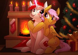 Size: 3508x2480 | Tagged: safe, artist:underpable, derpibooru import, oc, oc only, oc:ruby heartstrings (rhstrings), pegasus, pony, unicorn, blushing, candle, christmas, christmas stocking, christmas tree, commission, female, fire, fireplace, holiday, holly, holly mistaken for mistletoe, hug, lesbian, looking at each other, magic, oc x oc, ornament, present, shipping, sitting, smiling, smiling at each other, telekinesis, tongue, tongue out, tree