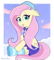 Size: 1440x1594 | Tagged: safe, artist:namieart, derpibooru import, fluttershy, pegasus, pony, :o, clothes, cute, female, hat, looking at you, mare, open mouth, shyabetes, socks, solo, striped socks