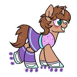 Size: 1000x1000 | Tagged: safe, artist:paperbagpony, derpibooru import, oc, oc only, oc:heroic armour, pony, unicorn, blushing, clothes, crossdressing, happy, horn, male, roller skates, simple background, skirt, smiling, socks, solo, stallion, unicorn oc, white background