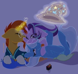 Size: 2048x1955 | Tagged: safe, artist:waanlix, derpibooru import, starlight glimmer, sunburst, trixie, pony, unicorn, bisexual, clothes, cuddling, ears, eyes closed, female, floppy ears, glasses, hat, heart, jewelry, lesbian, lesbian in front of boys, lying down, magic, male, on back, pillow, polyamory, ring, ring box, shipping, smiling, squishy cheeks, starburst, startrix, startrixburst, straight, telekinesis, tongue, tongue out, trixburst, trixie's hat