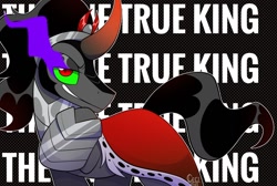 Size: 1200x805 | Tagged: safe, artist:wutanimations, derpibooru import, king sombra, pony, unicorn, armor, cape, clothes, eye mist, male, obscured text, raised hoof, raised leg, solo, stallion