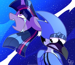 Size: 2487x2160 | Tagged: safe, artist:wutanimations, derpibooru import, twilight sparkle, bird, pony, ambiguous race, crossover, crossover shipping, crying, eye clipping through hair, female, male, meme, mordecai, mordetwi, night, regular show, shipping, stars, straight