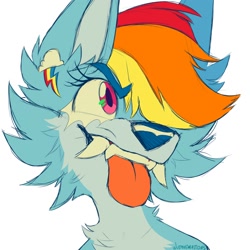 Size: 2000x2000 | Tagged: safe, artist:wutanimations, derpibooru import, part of a set, rainbow dash, wolf, alternative cutie mark placement, bust, cheek fluff, chest fluff, ear fluff, ears, fangs, fluffy, simple background, solo, species swap, tongue, tongue out, white background, wolfified