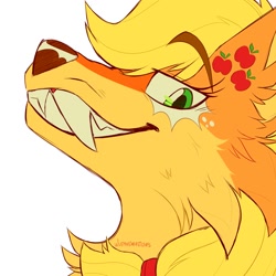 Size: 2000x2000 | Tagged: safe, artist:wutanimations, derpibooru import, part of a set, applejack, wolf, alternative cutie mark placement, bust, cheek fluff, chest fluff, ear fluff, ears, fangs, fluffy, grin, profile, simple background, smiling, solo, species swap, toothy grin, white background, wolfified