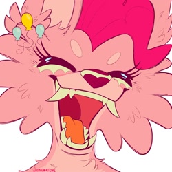 Size: 2000x2000 | Tagged: safe, artist:wutanimations, derpibooru import, part of a set, pinkie pie, wolf, alternative cutie mark placement, beanbrows, bust, cheek fluff, chest fluff, ear fluff, ears, eyebrows, eyes closed, fangs, fluffy, open mouth, open smile, simple background, smiling, solo, species swap, white background, wolfified