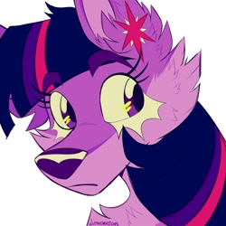 Size: 2000x2000 | Tagged: safe, artist:wutanimations, derpibooru import, part of a set, twilight sparkle, wolf, alternative cutie mark placement, bust, cheek fluff, chest fluff, ear fluff, ears, eyebrows, eyebrows visible through hair, fluffy, simple background, solo, species swap, white background, wolfified