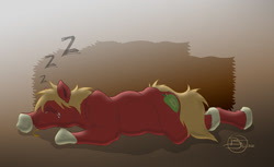 Size: 1200x733 | Tagged: safe, artist:sherwood, derpibooru import, big macintosh, earth pony, semi-anthro, eyes closed, lying down, male, onomatopoeia, prone, sleeping, solo, sound effects, stallion, zzz