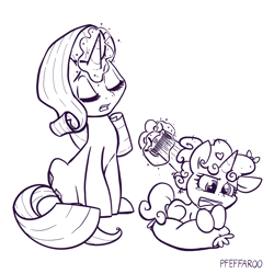 Size: 2048x2048 | Tagged: safe, artist:pfeffaroo, derpibooru import, rarity, sweetie belle, pony, unicorn, comb, duo, female, monochrome, siblings, simple background, sisters, white background