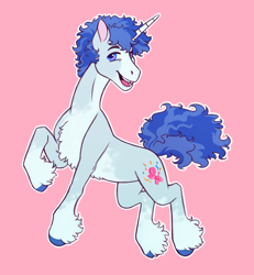 Size: 1200x1300 | Tagged: safe, artist:eeelt, derpibooru import, party favor, pony, unicorn, chest fluff, horn, male, open mouth, open smile, pink background, simple background, smiling, solo, stallion, unshorn fetlocks