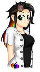 Size: 700x1250 | Tagged: safe, artist:dedonnerwolke, derpibooru import, oc, oc only, oc:lightning bliss, human, bust, clothes, female, goggles, humanized, multicolored hair, rainbow hair, simple background, solo, white background