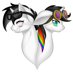 Size: 750x750 | Tagged: safe, artist:dedonnerwolke, derpibooru import, oc, oc only, oc:lightning bliss, alicorn, pony, alicorn oc, duo, female, goggles, grin, horn, male, mare, multicolored hair, rainbow hair, smiling, stallion, wings
