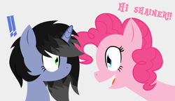 Size: 1160x670 | Tagged: safe, artist:isaac_pony, derpibooru import, pinkie pie, oc, oc:shainer shrapnel shock, earth pony, pony, unicorn, dialogue, female, green eyes, horn, simple background, smiling, text, vector, wide eyes
