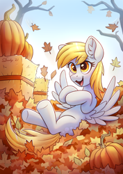 Size: 2480x3508 | Tagged: safe, artist:dandy, derpibooru import, derpy hooves, pegasus, pony, autumn, commission, cute, derp, derpabetes, ear fluff, ears, female, hay bale, leaf pile, leaves, mare, open mouth, open smile, pumpkin, smiling, solo, wings