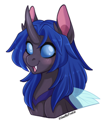 Size: 2732x3200 | Tagged: safe, artist:minettefraise, derpibooru import, oc, oc only, oc:swift dawn, changeling, blue changeling, bust, changeling oc, commission, cute, fangs, horn, looking at you, male, ocbetes, open mouth, signature, simple background, smiling, solo, white background, wings