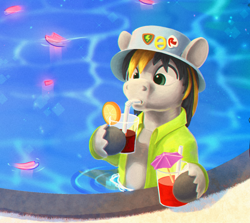 Size: 1044x930 | Tagged: safe, artist:fynjy-87, derpibooru import, oc, oc:blaze rush, pegasus, pony, clothes, drink, drinking, drinking straw, fruit, glasses, hat, male, pegasus oc, shirt, stallion, unshorn fetlocks, water