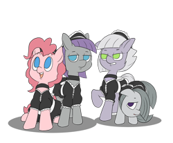 Size: 2279x1883 | Tagged: safe, artist:happy harvey, derpibooru import, limestone pie, marble pie, maud pie, pinkie pie, earth pony, pony, bow, clothes, collar, colored pupils, drawn on phone, dress, looking up, maid, maid headdress, pie sisters, pinkie maid, siblings, simple background, sisters, sitting, standing, transparent background, uniform