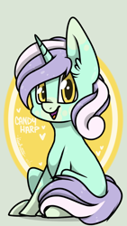 Size: 720x1280 | Tagged: safe, artist:lisaartista365, derpibooru import, oc, oc only, oc:candy harp, pony, unicorn, female, looking at you, magical lesbian spawn, mare, offspring, parent:bon bon, parent:lyra heartstrings, parents:lyrabon, sitting, smiling, smiling at you, solo