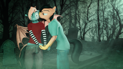 Size: 3840x2160 | Tagged: safe, artist:willitfit, derpibooru import, part of a set, oc, oc:benjamin terrance tover, oc:tristan sev, anthro, bat pony, 3d, bat pony oc, benny and tristan's meet up, blushing, holding hands, kiss on the cheek, kissing, source filmmaker