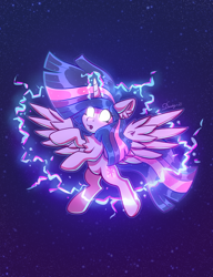 Size: 3508x4560 | Tagged: safe, artist:dandy, derpibooru import, twilight sparkle, twilight sparkle (alicorn), alicorn, pony, ethereal mane, female, floating, glowing, glowing eyes, glowing horn, high res, horn, magic, mare, open mouth, ponytober, solo, starry background, starry mane, wings