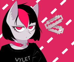 Size: 1790x1506 | Tagged: safe, artist:owlnon, derpibooru import, oc, oc only, oc:miss eri, earth pony, semi-anthro, choker, frown, implied self harm, looking at you, razor blade, solo