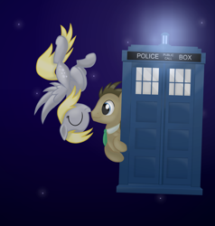 Size: 2000x2100 | Tagged: safe, artist:candy meow, derpibooru import, derpy hooves, doctor whooves, earth pony, pegasus, pony, boop, digital art, doctor who, doctorderpy, duo, female, flying, male, mare, necktie, noseboop, shipping, space, space background, stallion, straight, tardis, upside down, wings