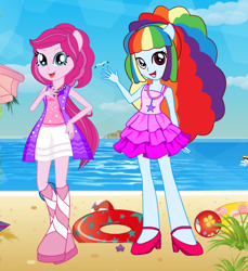 Size: 436x477 | Tagged: safe, derpibooru import, pinkie pie, rainbow dash, bird, human, seagull, equestria girls, beach, beach ball, beach towel, beach umbrella, clothes, dress, dressup, dressup game, fashion, floaty, gameskids.com, hairstyle, high heels, jewelry, looking at you, necklace, ocean, open mouth, ponied up, sand, shoes, umbrella