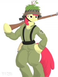 Size: 1280x1707 | Tagged: safe, artist:rockhoppr3, derpibooru import, apple bloom, anthro, earth pony, going to seed, clothes, female, filly, gun, military uniform, rifle, sniper rifle, uniform, weapon