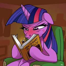 Size: 4500x4500 | Tagged: safe, artist:docwario, derpibooru import, twilight sparkle, twilight sparkle (alicorn), alicorn, fly, insect, pony, absurd resolution, angry, book, cross-popping veins, ears, female, floppy ears, mare, solo, twitober